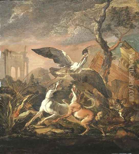 An evening landscape with dogs flushing a heron among Italianate ruins Oil Painting - Abraham Danielsz. Hondius