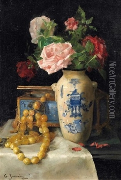 Stilleben Mit Einem Rosenstraus In Asiatischer Vase Sowie Einer Bernsteinkette Oil Painting - Georges Jeannin