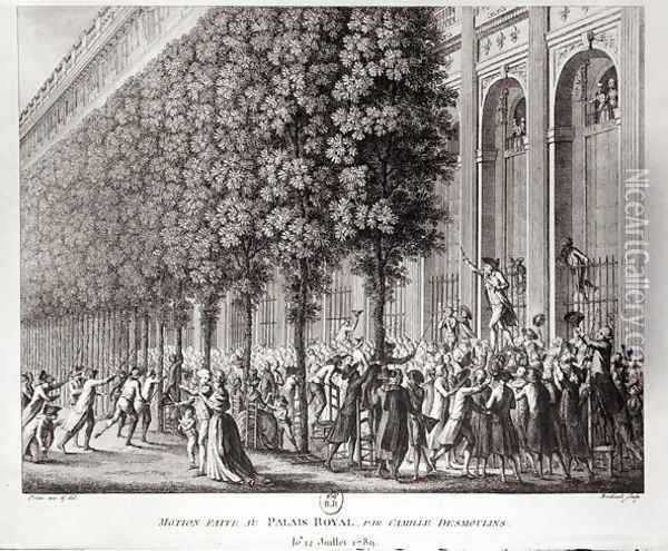 Camille Desmoulins 1760-94 Speaking at the Palais Royal, 12 July 1789, engraved by Pierre Gabriel Berthault 1737-1831 Oil Painting - Prieur, Jean Louis, II