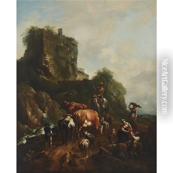 Italianate Landscape With Ruin, And A Gathering Of Herdsmen With Their Cattle, Sheep, Dogs And A Washerwoman At Right Oil Painting - Johann Christian Brand