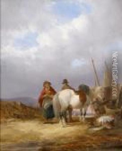 Fisherfolk With A Horse, Boats And Their Catch On A Beach Oil Painting - Snr William Shayer