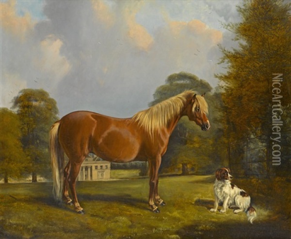 A Palomino Pony And Setter Oil Painting - Henry Barraud