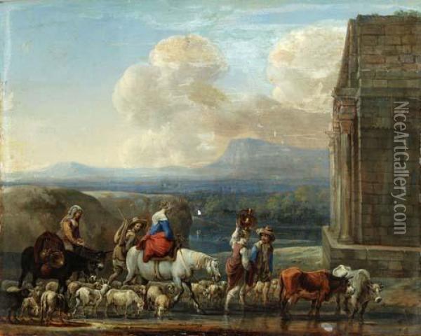 Reisende Mit Herde In Antikisierender Landschaft. Oil Painting - Anton Goubau