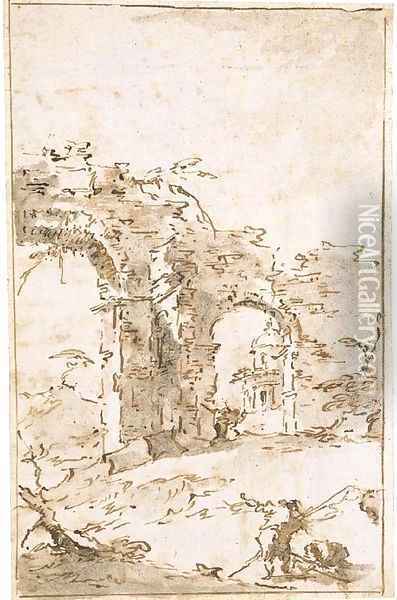 A capriccio with ruins and a small temple Oil Painting - Francesco Guardi