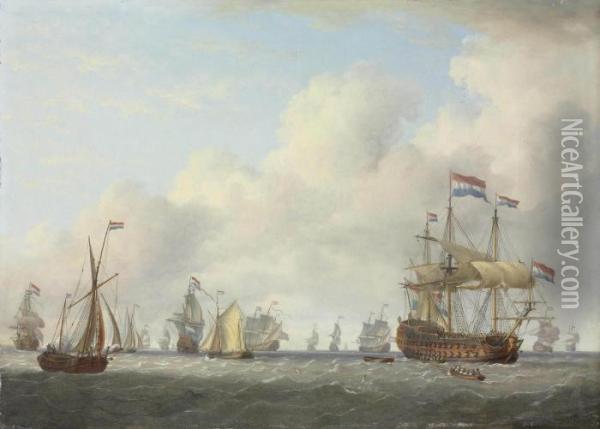 Dutch Men-o'-war And Other Vessels In A Fresh Breeze Oil Painting - Charles Martin Powell