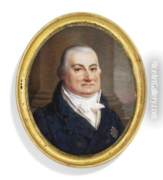 A Gentleman, In Double-breasted Dark Blue Coat, White Waistcoat And Cravat, Wearing The Breast-star Of An Order, Pillar And Sky Background On Ivory Oil Painting - Ferdinand Machera