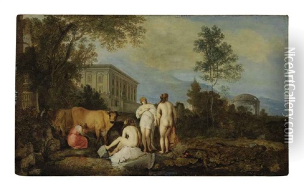 Bathers And A Milkmaid By A Palace In An Italian Landscape Oil Painting - Moyses van Uytenbroeck