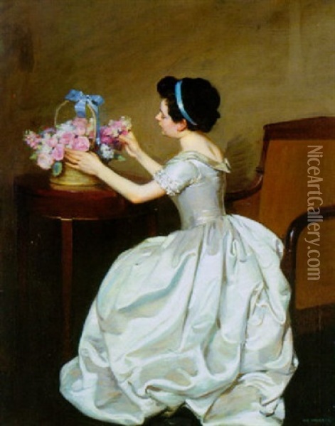 Ung Kvinna Som Arrangerar Blommor Oil Painting - Adolf Heller