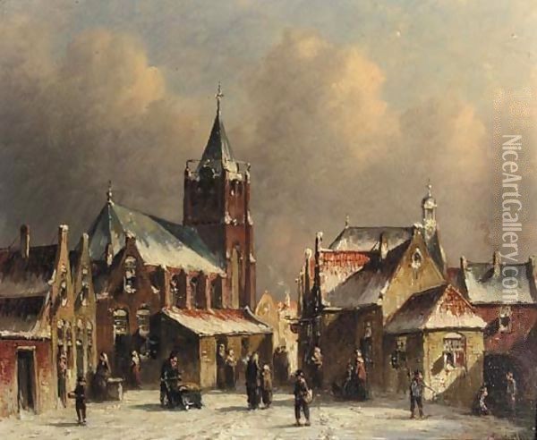 Townsfolk conversing on a snow-covered square in a city Oil Painting - Pieter Gerard Vertin