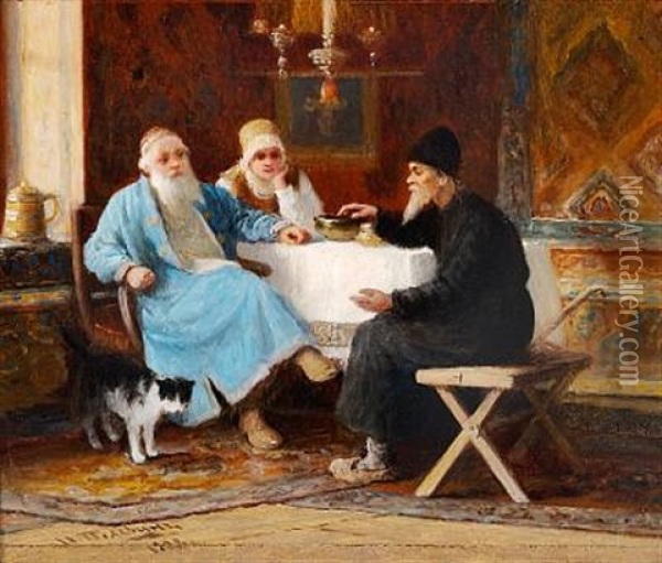 Figures Sitting At A Table Oil Painting - Ivan Andreievich Pelevin