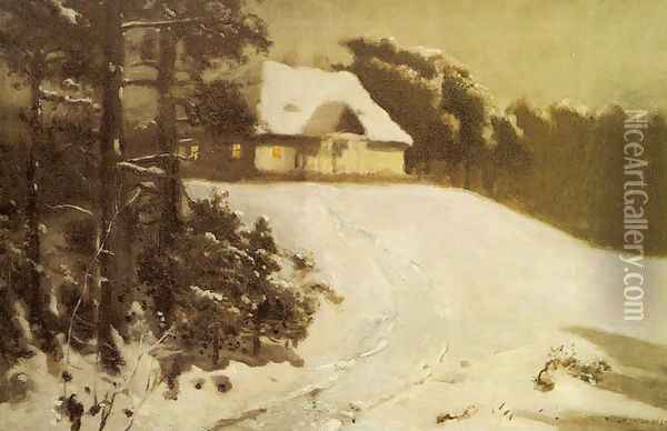 Winter. Manor at Dusk Oil Painting - Jozef Chelmonski