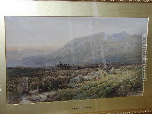 Rush Gatherers Before A Mountain Landscape Oil Painting - Edmund Morison Wimperis