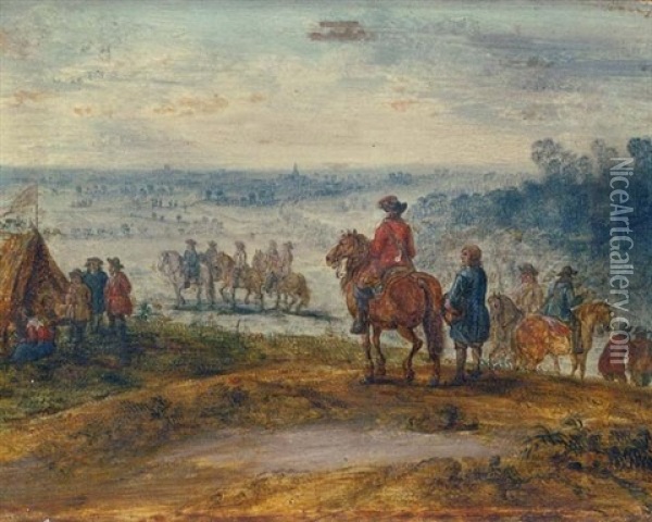 Soldiers On Horseback In A Landscape Oil Painting - Adam Frans van der Meulen