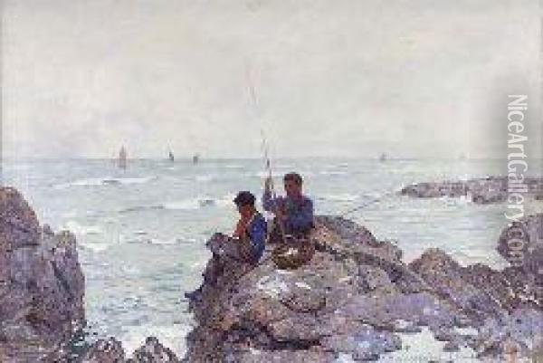 Boys Fishing From The Rocks Oil Painting - Robert Mcgown Coventry