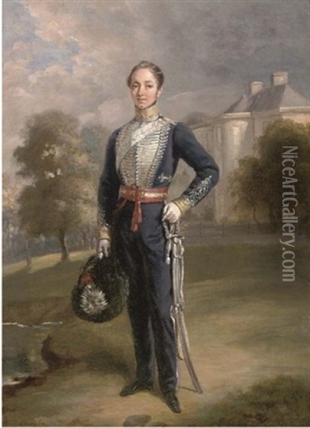 Portrait Of Lieutenant George Ramsay Of Lixmont In The Uniform Of A Scottish Yeomanry Regiment, Before A Country House Oil Painting - Charles-Achille d' Hardiviller