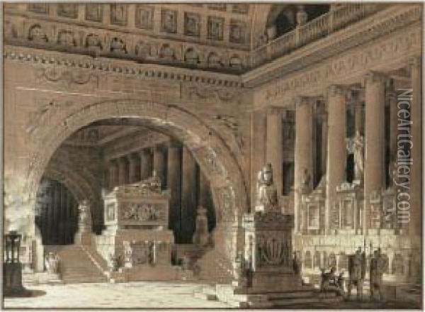 The Interior Of A Classical Temple, With A Group Of Figuresadmiring The Tombs And Monuments Oil Painting - Giuseppe Spampani