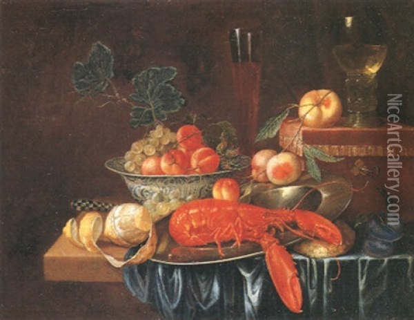 Nature Morte Avec Hommard, Plat En Etain, Fruits Et Petite Boite Oil Painting - Johannes Hannot