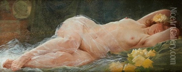 Jeune Fille Alanguie. Oil Painting - Henri Privat-Livemont