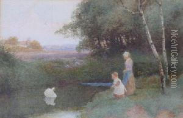 Children On The Riverbank With Swan Oil Painting - Robert Hollands Walker