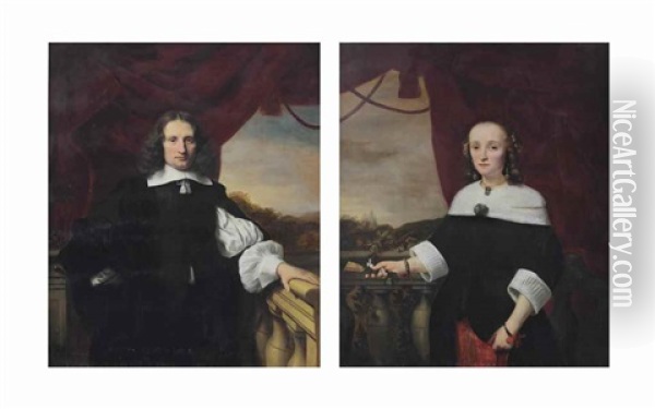 Portrait Of Pieter Bouwens (1621-1680), Three-quarter Length, In A White Chemise And Black Costume Standing Before A Curtain On A Balcony; And Portrait Of His Wife Anna Maria Van Nutt (1622-1686), Three-quarter Length, In A Red Embroidered And Black Dress Oil Painting - Ferdinand Bol