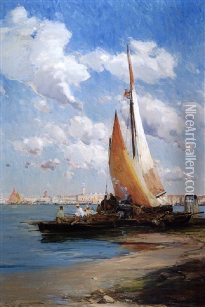 Fishing Craft With The Riva Degli Schiavoni, Venice Beyond Oil Painting - Edmund Aubrey Hunt