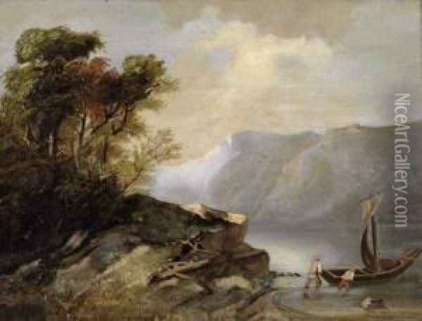 Paysage Lacustre Avec Barque Oil Painting - Jean Marc Benjamin Tepping