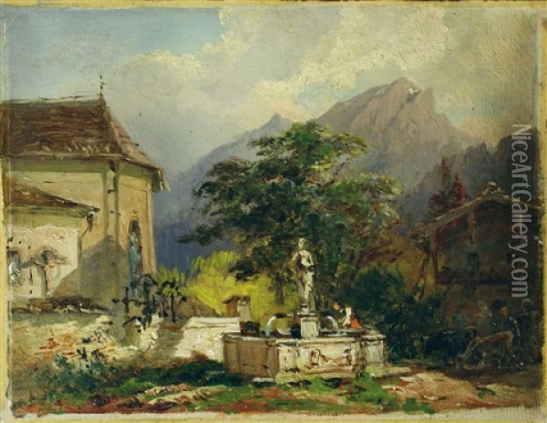 Dorfbrunnen Bei Einer Kirche Oil Painting - Friedrich Gauermann