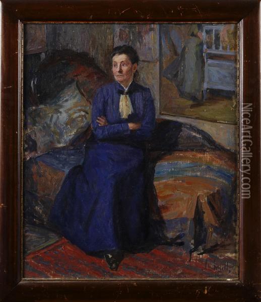 Interior Med Sittande Kvinna Oil Painting - Alma Arnell