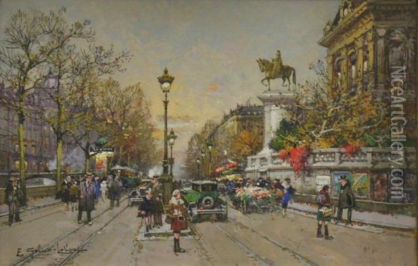 L'hotel De Ville De Paris Et La Sculpture D'etienne Marcel Oil Painting - Eugene Galien-Laloue