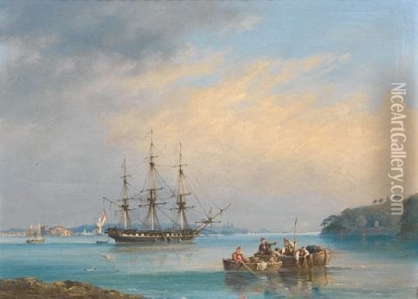A Frigate Of The Royal Navy At Anchor In The Barn Pool, Off Mount Edgcumbe, Plymouth Oil Painting - Nicholas Matthew Condy