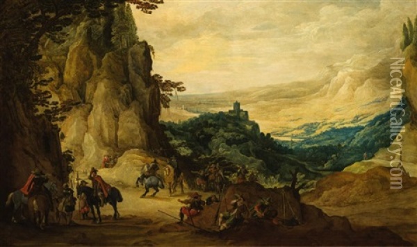 Paesaggio Con Castelli, Soldati E Cavalieri A Riposo Oil Painting - Joos de Momper the Younger