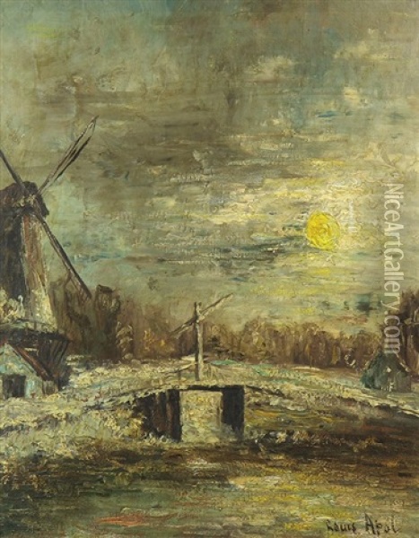Windmill By The Sun In A Wintery Landscape Oil Painting - Louis Apol