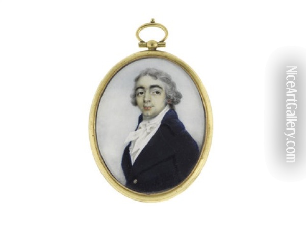A Gentleman Called, Alexander Pope, Wearing Blue Coat, White Waistcoat, Chemise, Stock And Tied Cravat, His Hair Powdered Oil Painting - George Chinnery