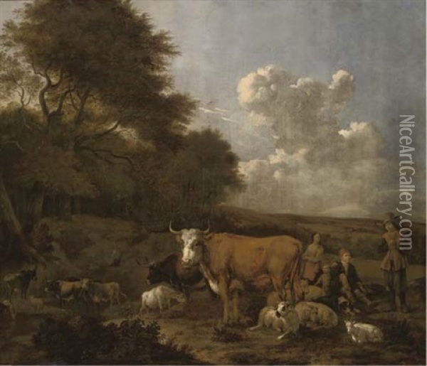 An Extensive Wooded Landscape With Herdsmen On A Track Oil Painting - Albert Jansz Klomp