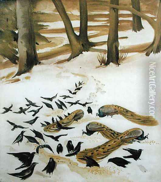 Birds Feeding in the Snow Oil Painting - Madeline Wyndham