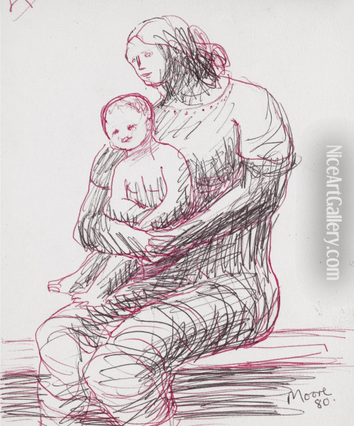 Mother And Child: Three Quarter To Left - Recto Oil Painting - Henry Moore