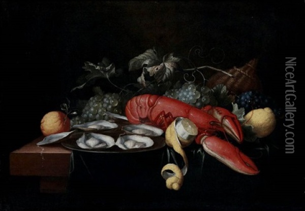 Still Life With Lobster, Fruit And Oysters On A Table Oil Painting - Alexander Coosemans