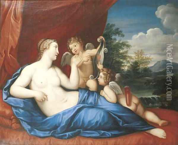 Reclining Venus with Cupids Oil Painting - Louis Urlass