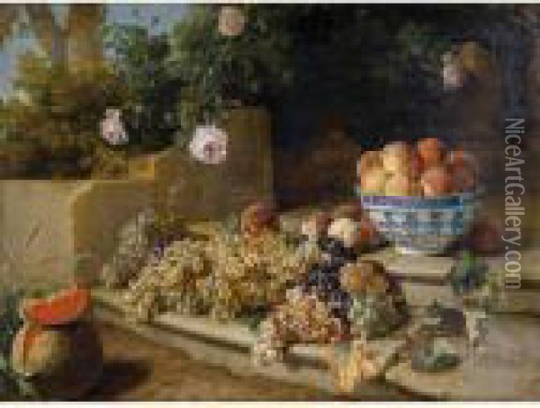 Still Life Of Grapes, Peaches In
 A Blue And White Porcelain Bowl And A Melon, Resting On A Stone 
Stairway Oil Painting - Alexandre-Francois Desportes