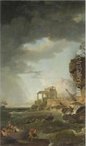 A Shipwreck Off A Rocky Coast Oil Painting - Jean Henry D'Arles