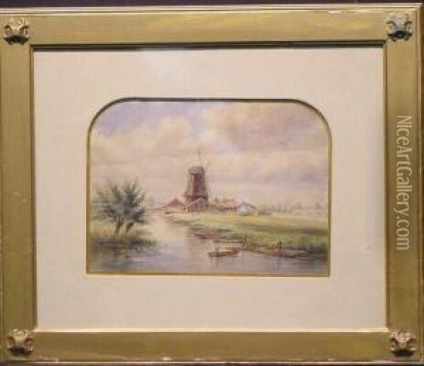 River Scene With Windmill Oil Painting - Schuller
