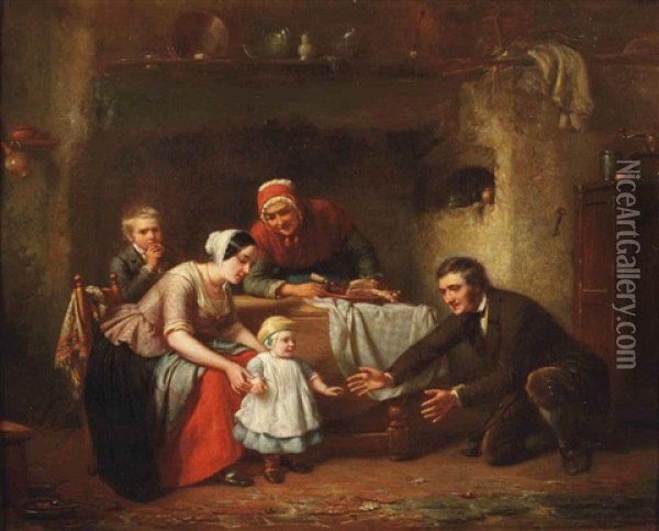 Baby's First Steps Oil Painting - Theodore Bernard de Heuvel