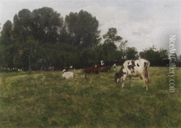 Weidendes Vieh Auf Weiter Baum Bestandener Wiese Oil Painting - Adolf Lins