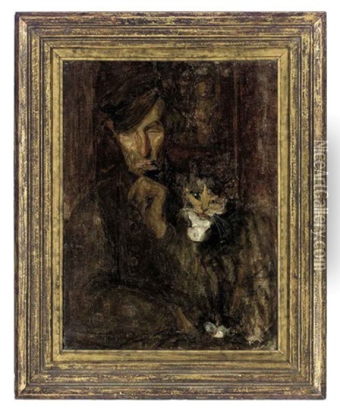 A Man With A Cat Oil Painting - Julia Beatrice How