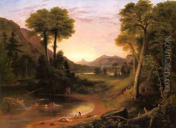 Indians Bathing - A Scene of New England Oil Painting - Henry Cheever(s) Pratt