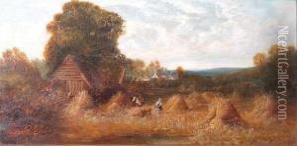 Figures In A Field At Harvest Time With Village In The Distance Oil Painting - Henry Harris