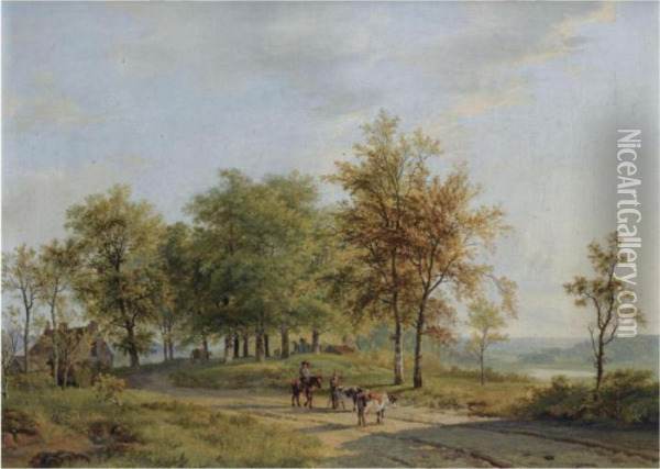 Drovers And Their Cattle In A Summer Landscape Oil Painting - Barend Cornelis Koekkoek