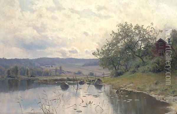 A tranquil river landscape Oil Painting - Edvard Rosenberg