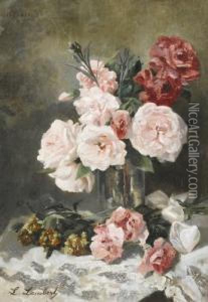 Stillleben Mit Pfingstrosen In Vase. Oil Painting - Louis Eugene Lambert