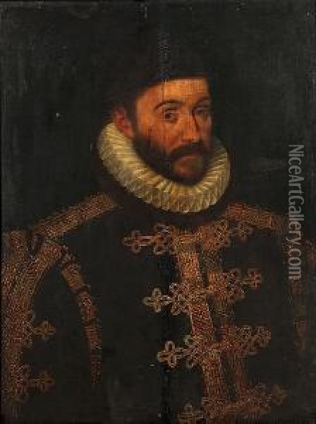 Portrait Of A Gentleman, Bust-length, In A Black Embroidered Coat With A White Ruff Oil Painting - Giacomo Antonio Moro